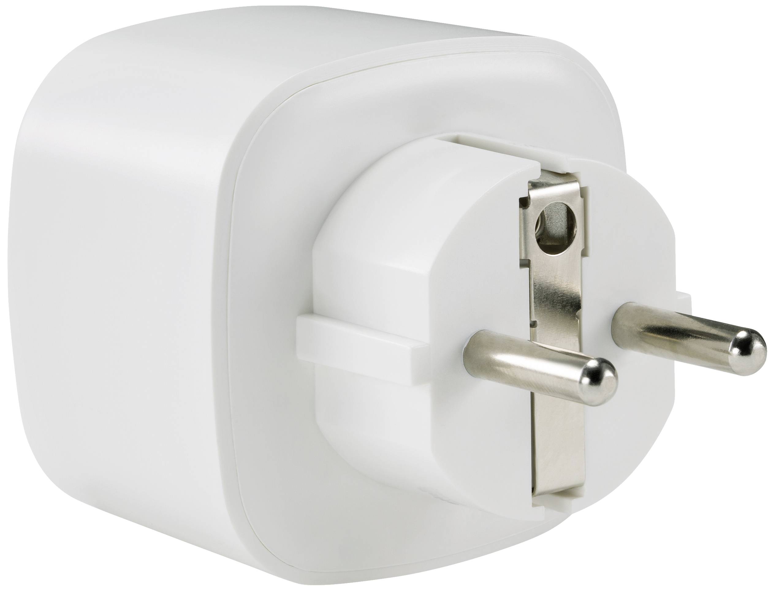 Ein weißer, quadratischer Steckdosenadapter mit zwei silbernen Steckstiften. Geeignet für den Anschluss an europäische Steckdosen.