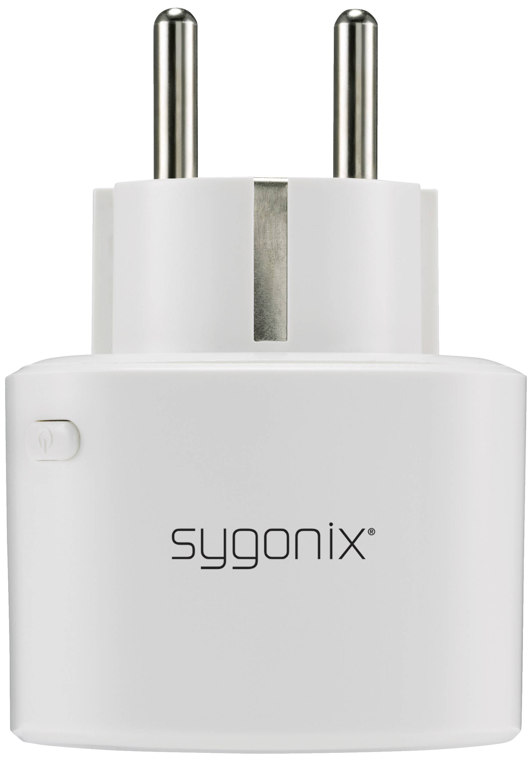 Ein intelligenter Steckdosenadapter von Sygonix, der in eine Wandsteckdose passt. Oben befinden sich zwei Metallstifte.