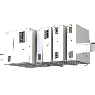 Ein modulares, an einer DIN-Schiene montiertes Stromversorgungssystem mit vier weißen Gehäusen, jeweils mit Eingang und Ausgang.