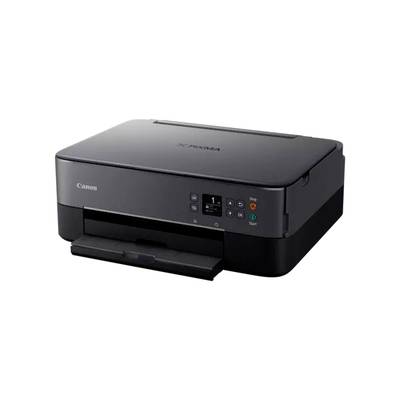 Ein schwarzer Multifunktionsdrucker auf weißem Hintergrund. Er hat ein kleines Bedienfeld mit Tasten und ein Papierausgabefach vorne.