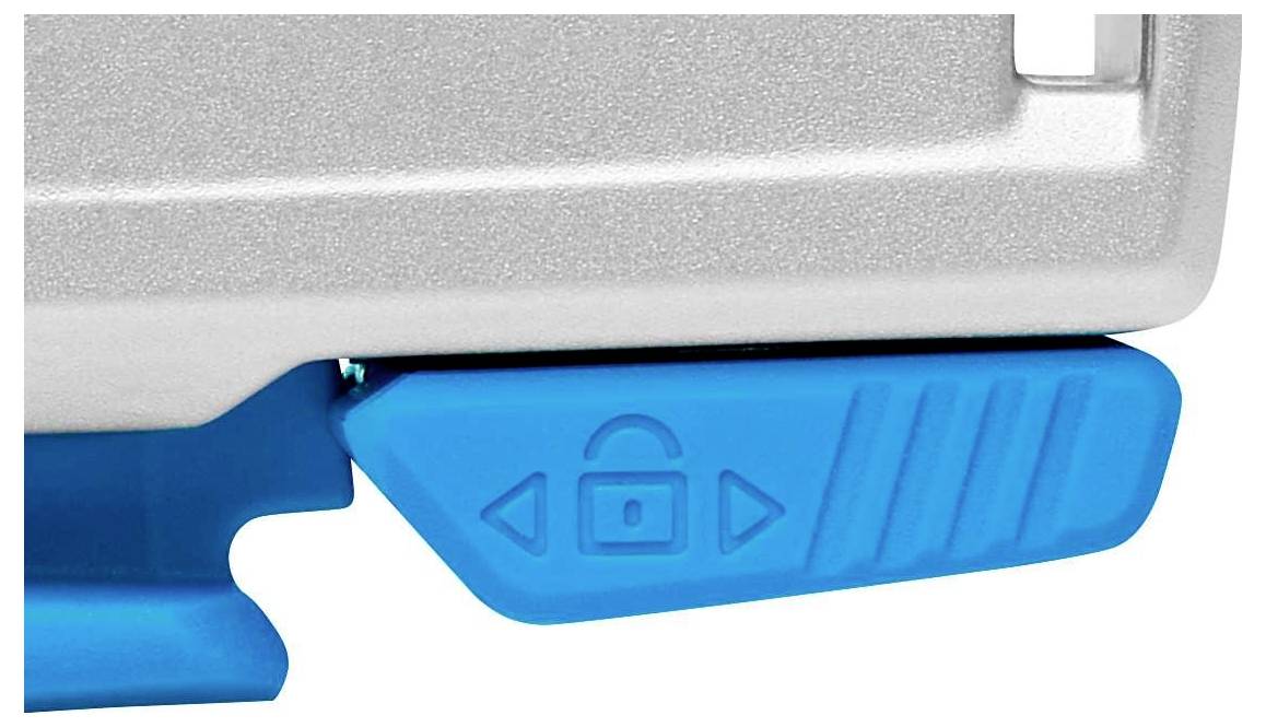Nahaufnahme eines blauen Druckerhebel-Schalters mit Schloss-Symbol. Der Hebel ermöglicht das Arretieren und Lösen von Komponenten.