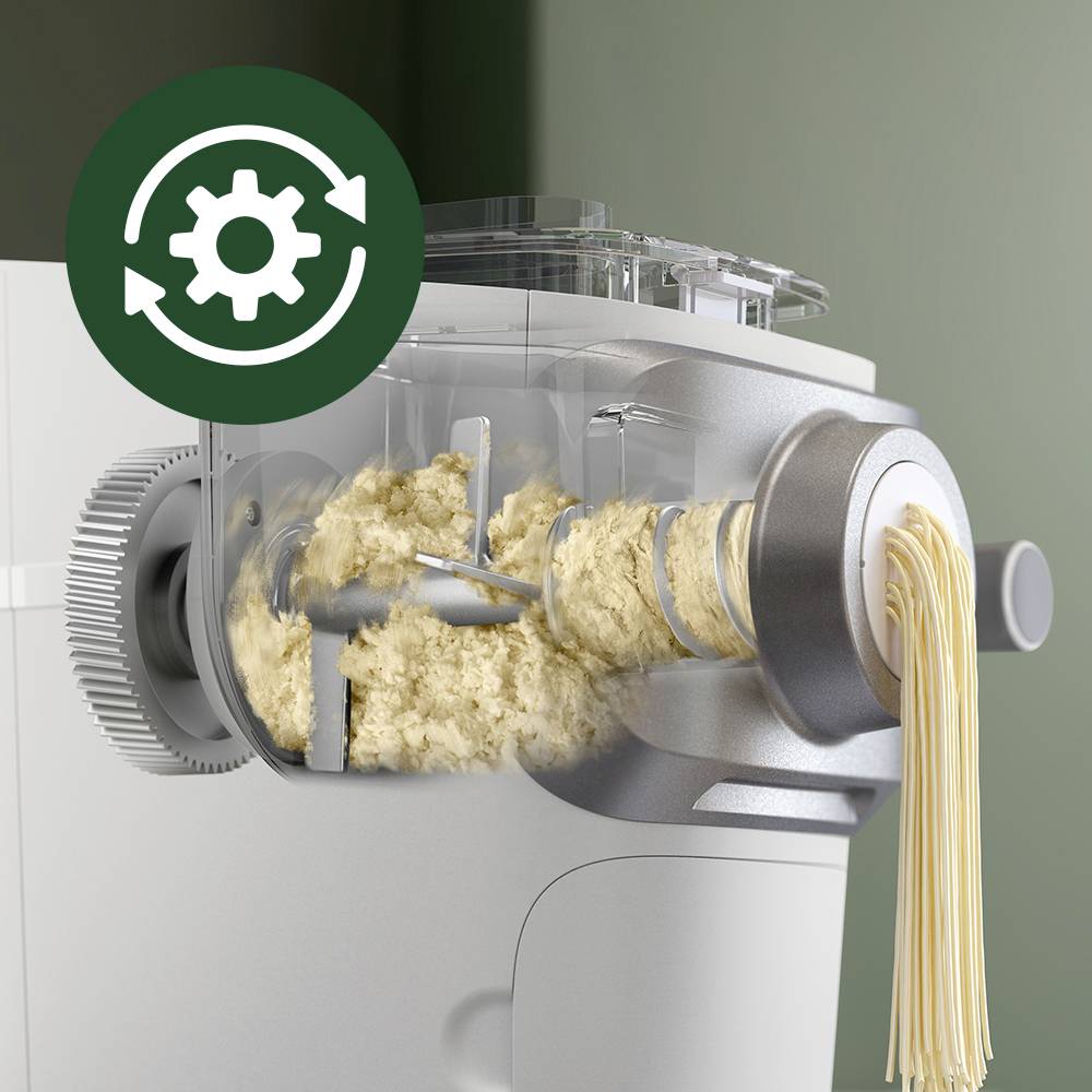 Nudelmaschine extrudiert Spaghetti aus Teig. Zahnrad-Symbol oben links zeigt Herstellungsprozess oder Funktionalität an.