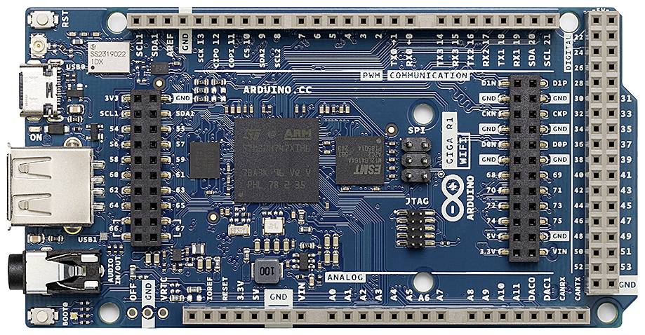 Arduino-Board mit verschiedenen Anschlüssen und Komponenten für Mikrocontroller-Projekte, auf blauem PCB mit silbernen Kontakten.