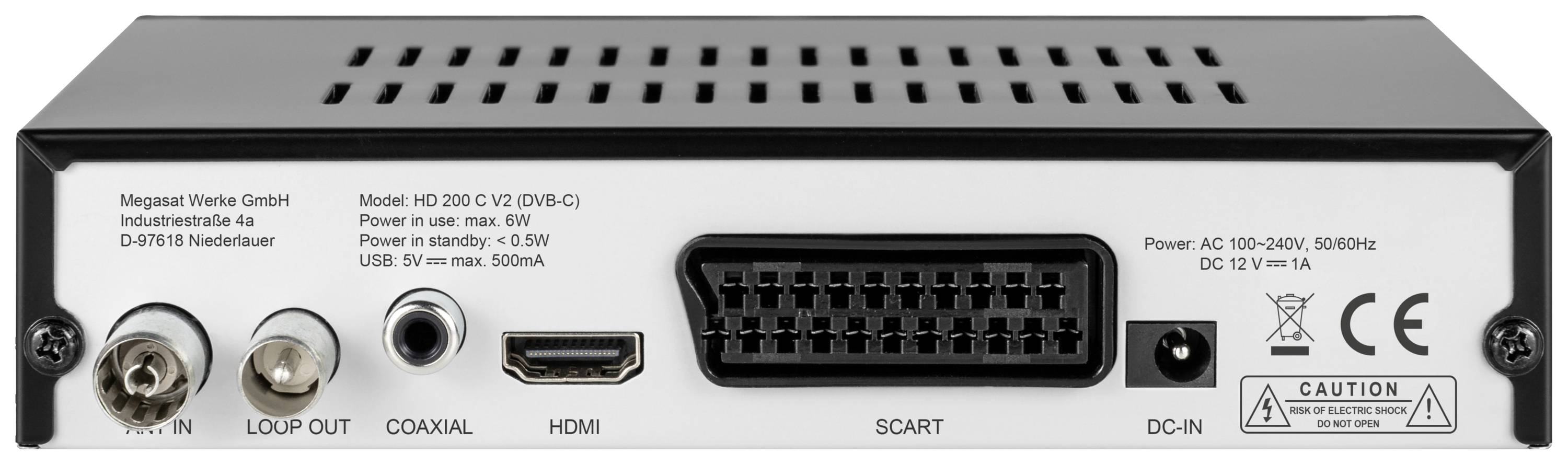 Rückseite eines DVB-C-Empfängers mit Anschlüssen: Antenne, Loop Out, Koaxial, HDMI, SCART, Stromanschluss und Netzdetails.