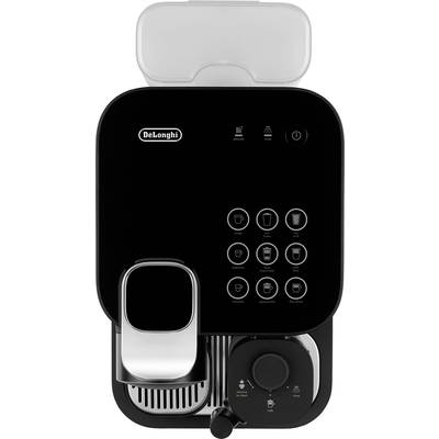 Kaffeemaschine von oben, schwarz, mit Bedienfeld und mehreren Tasten für verschiedene Kaffeeoptionen.