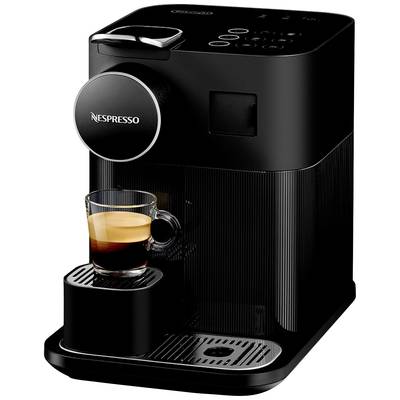 Schwarze Nespresso-Kaffeemaschine mit Espresso-Tasse auf der Tropfschale.