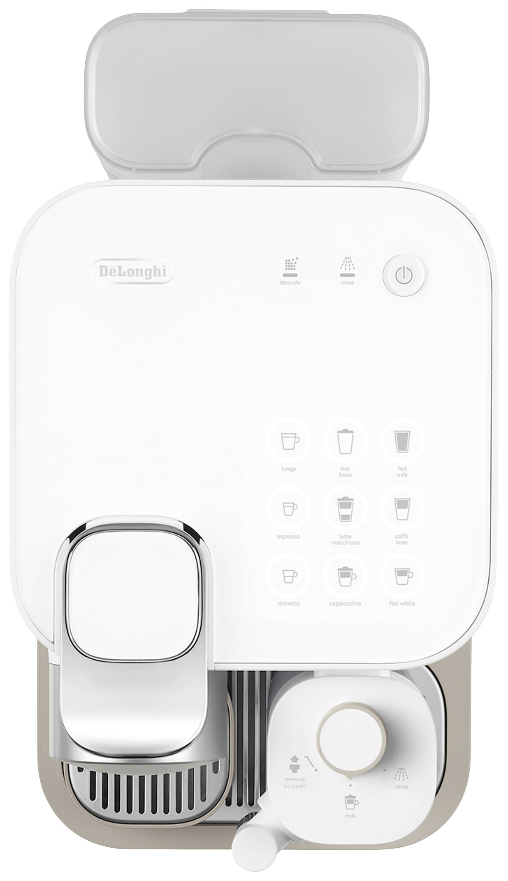 Kaffeemaschine von oben mit Tasten zur Auswahl verschiedener Getränke, einschließlich Espresso und Cappuccino. Weiße, moderne Optik.
