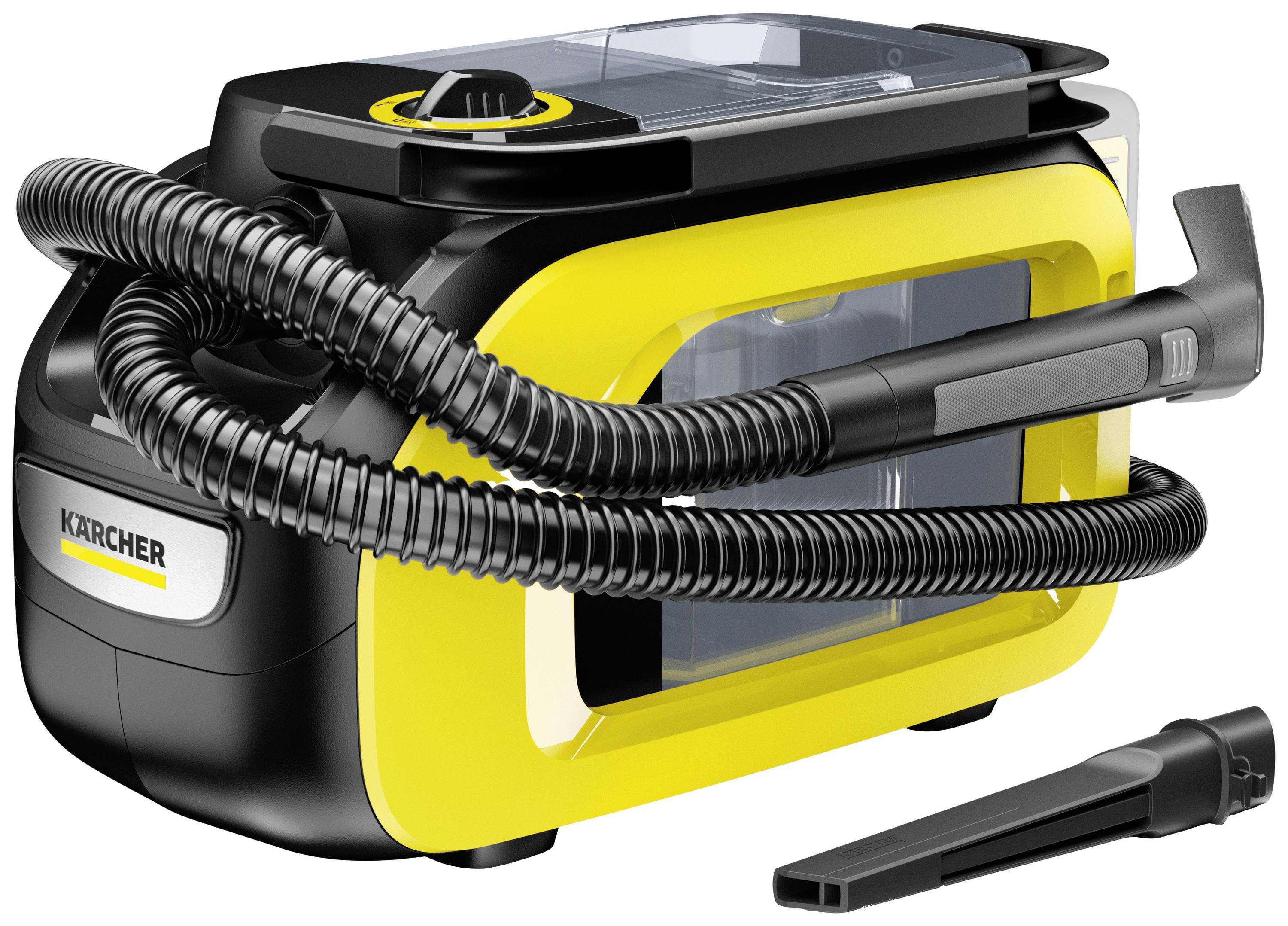 Tragbarer gelber und schwarzer Staubsauger von Kärcher mit flexiblem Schlauch und austauschbaren Düsenaufsätzen.