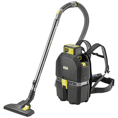 Ein industrieller Rucksack-Staubsauger mit Aufsätzen und verstellbaren Schultergurten. Designed für professionelle Reinigungsarbeiten.