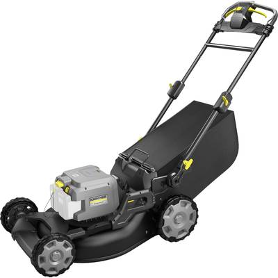 Rasenmäher mit Grasfangkorb, schwarzes Design, zentrales Steuerpanel auf Griff. Battery-betriebenes Modell, effizient für mittelgroße Gärten.