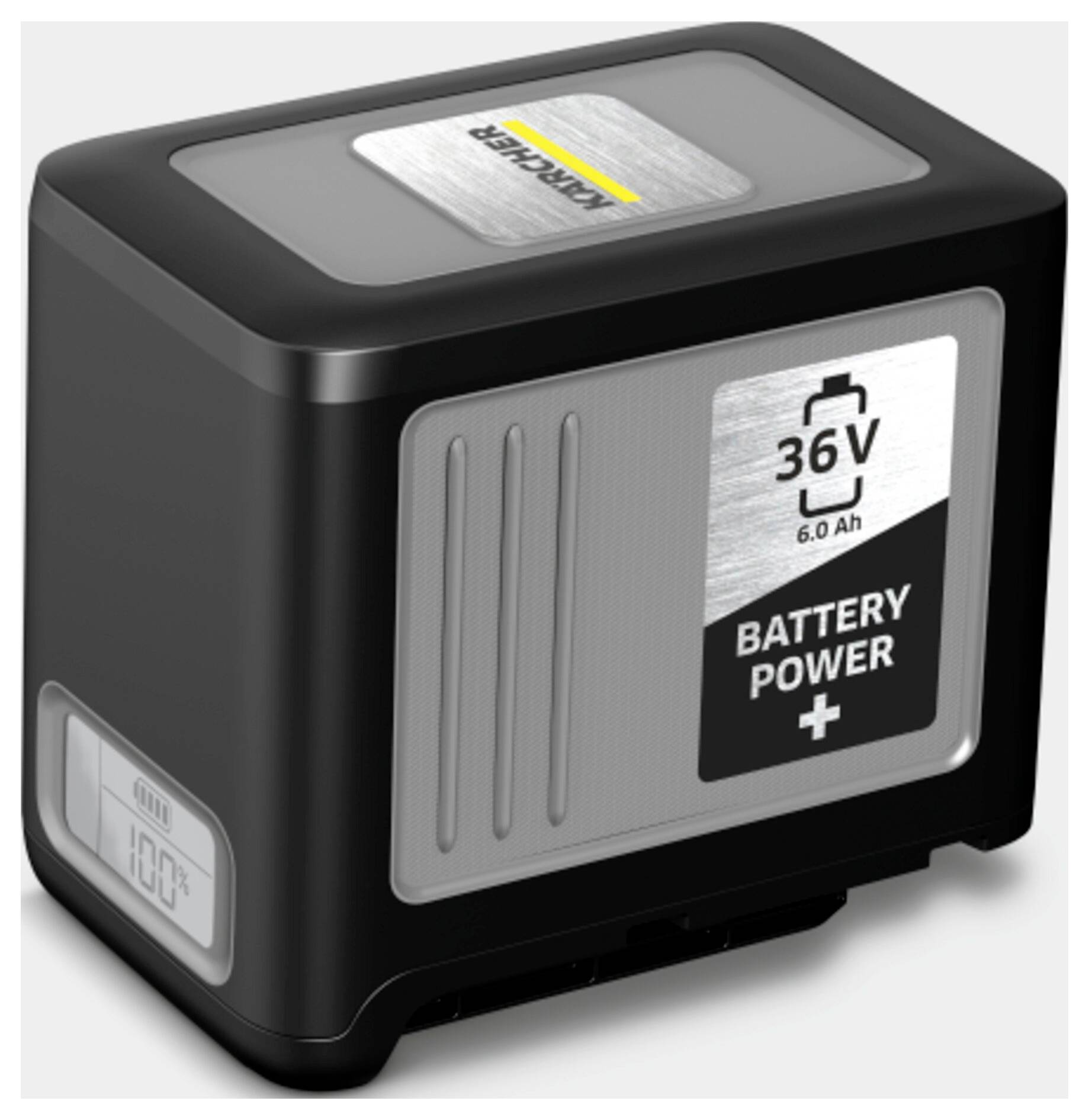 Eine schwarze und silberne Batterie mit der Aufschrift "36V 6.0 Ah Battery Power+" gekennzeichnet. Sie ist oben mit dem Markennamen versehen und verfügt an der Seite über eine digitale Anzeige.