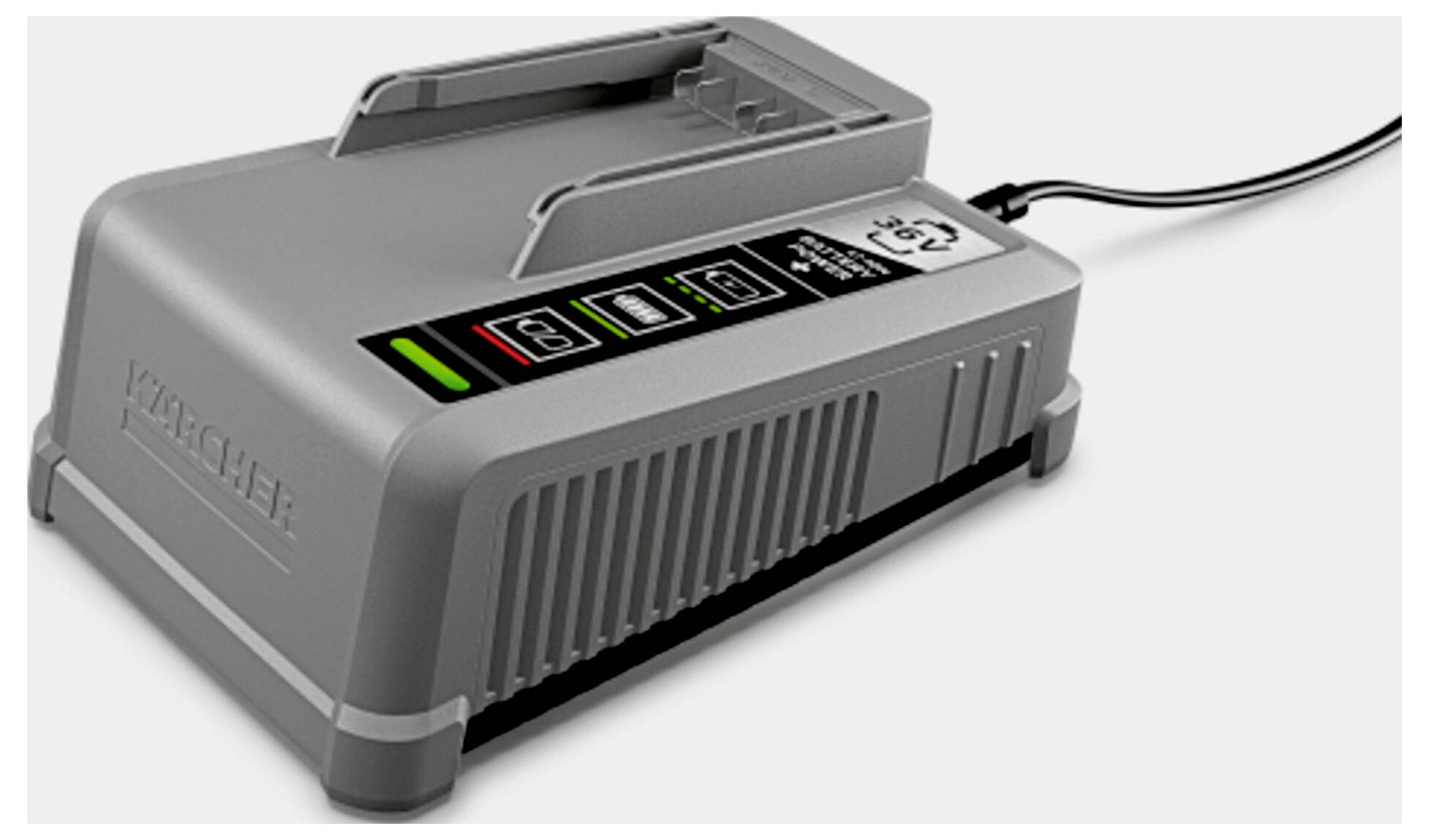 Ein grauer Batterieladegerät mit Anzeigelichtern, die den Ladestatus anzeigen, verbunden mit einem Netzkabel. Der Markenname ist seitlich eingeprägt.