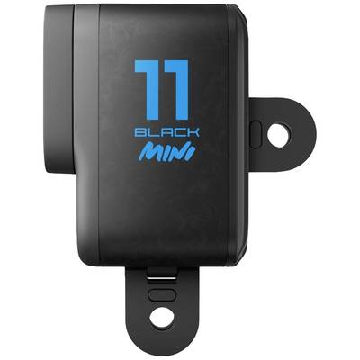 Kompakte schwarze Kamera von der Seite, mit der Aufschrift '11 BLACK MINI' in Blau. Sie hat eine Halterung unten rechts.