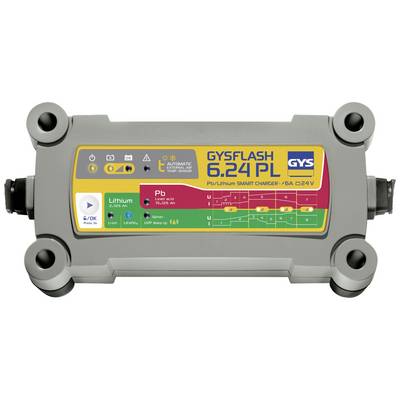 Ein batteriebetriebener Autoladegerät 'GYSFLASH 6.24 PL' zeigt Bedienungssymbole und Ladeindikatoren für Lithium- und Bleiakkus an.
