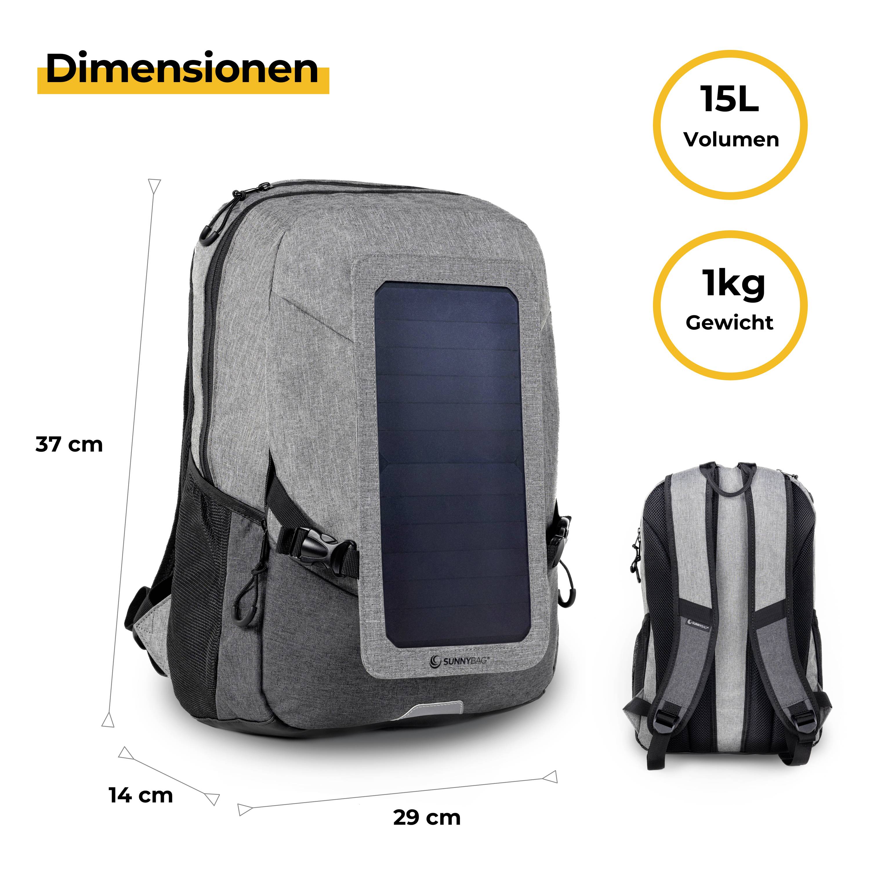 Grauer Rucksack mit Solarpanel vorne, 15L Volumen, 1kg Gewicht. Maße: 37cm Höhe, 29cm Breite, 14cm Tiefe. Vorder- und Rückansicht gezeigt.