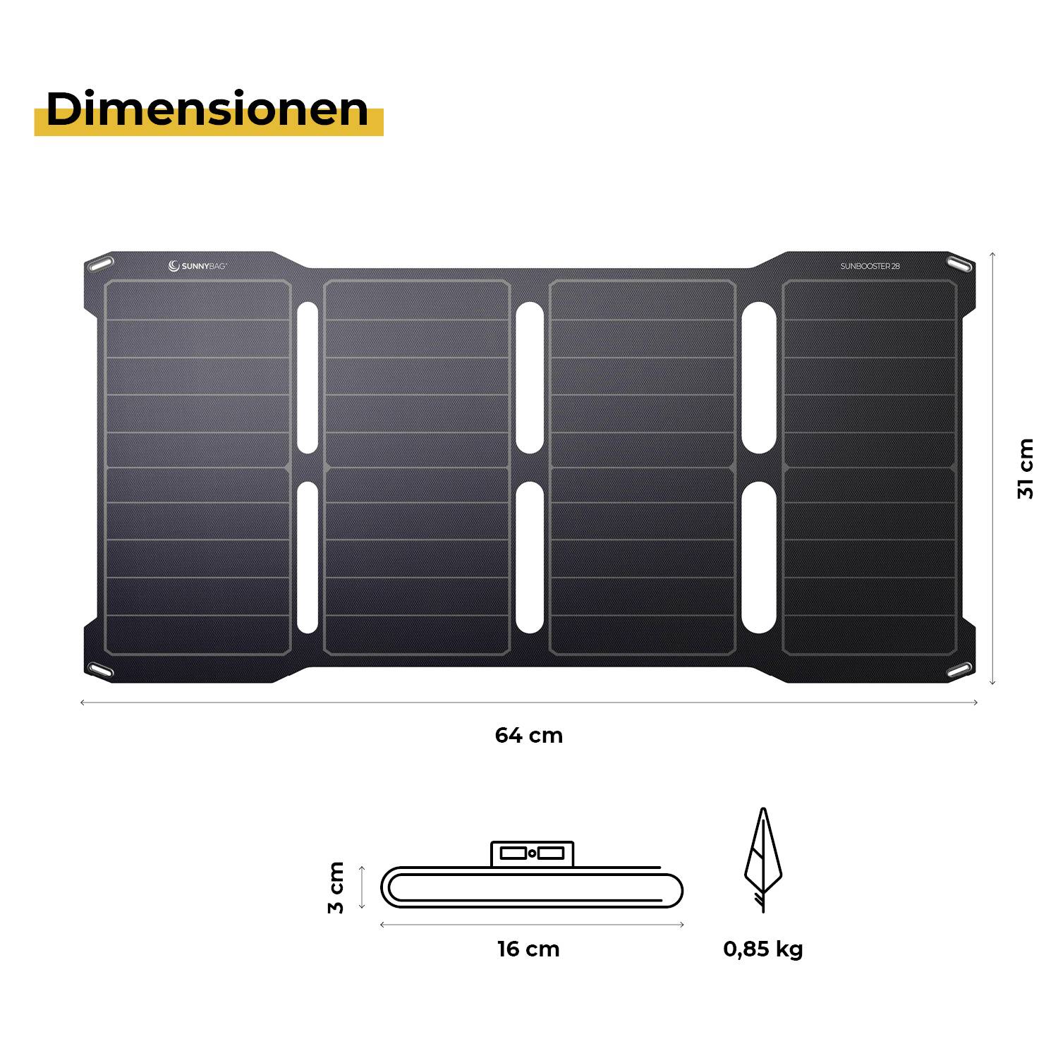 Tragbares Solarpanel mit den Maßen 64 cm x 31 cm. 3 cm dick, Länge zusammengeklappt 16 cm, Gewicht 0,85 kg. Ideal für Reisen.