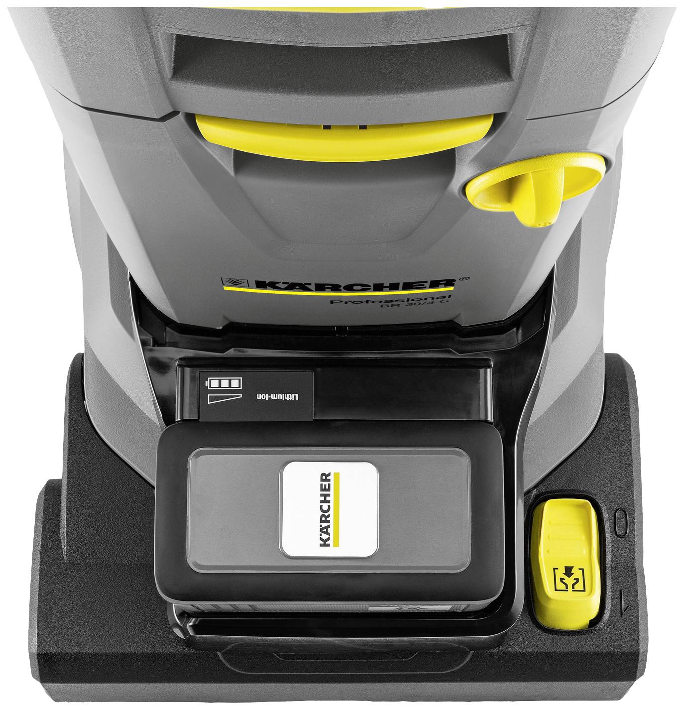 Industrieller Staubsauger von oben mit Akkufach und gelbem Griff sichtbar.