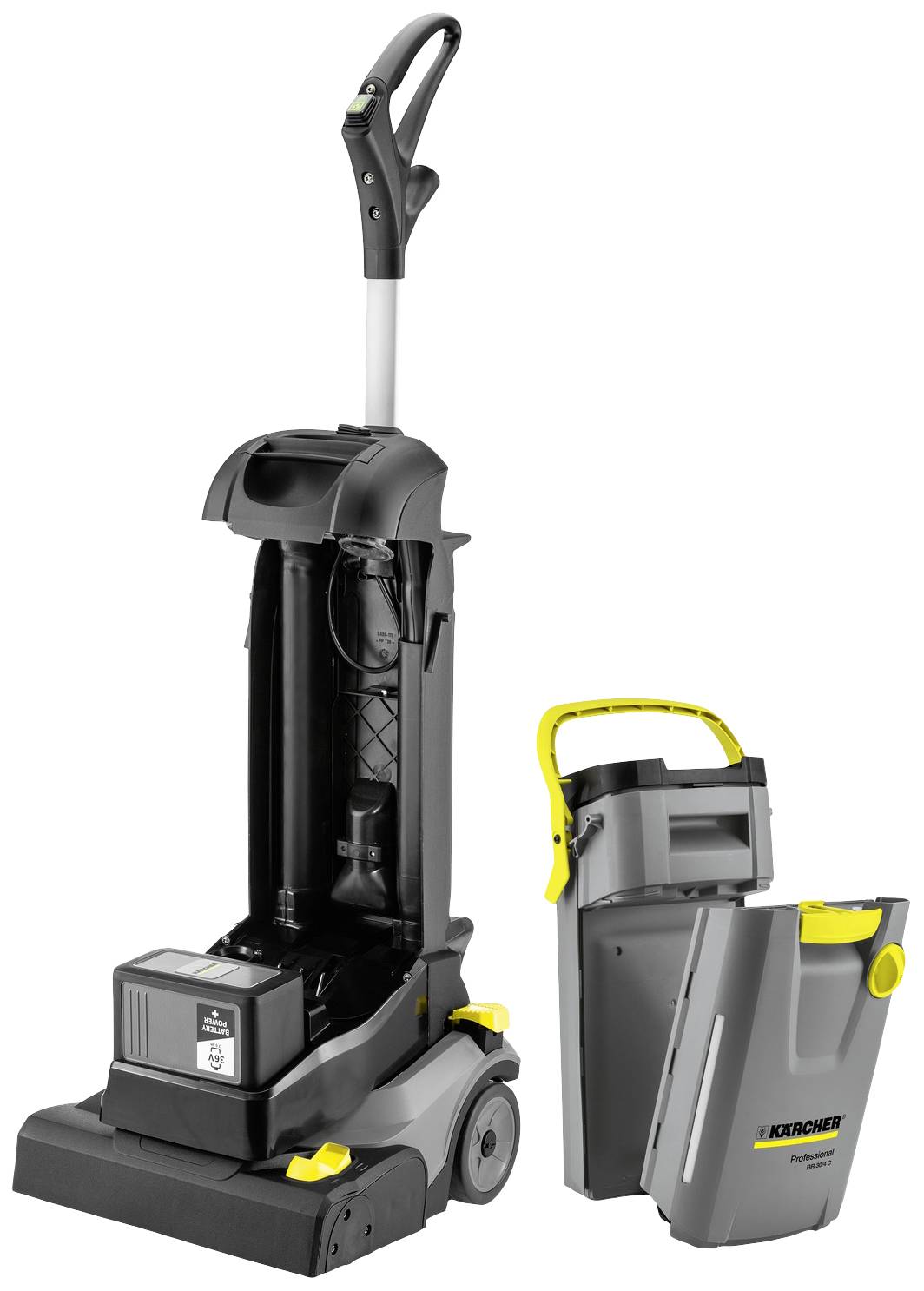 Eine kompakte, graue Bodenreinigungsmaschine von Kärcher mit ausgezogener Griffstange und entnommenem Wasserbehälter.