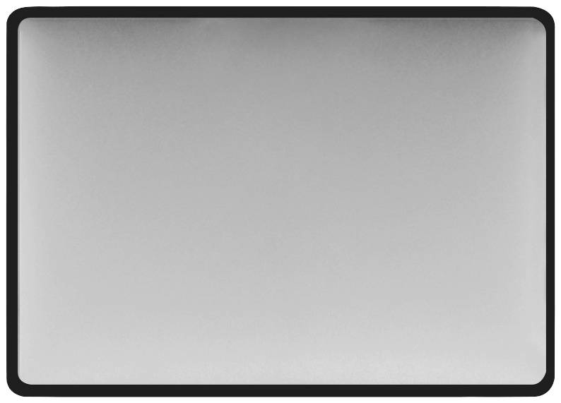 Ein rechteckiger, silberner Laptop-Bildschirm mit dünnem schwarzen Rahmen. Der Bildschirm ist ausgeschaltet und reflektiert leicht.