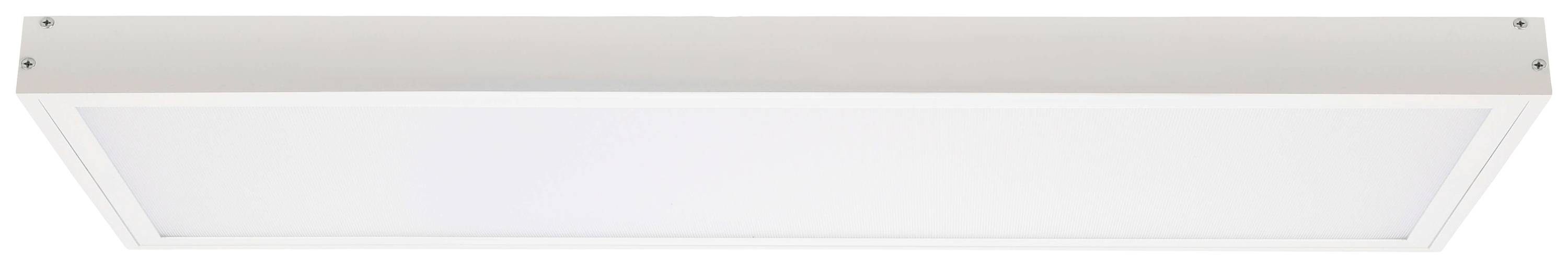 Rechteckige, flache LED-Deckenleuchte in einem schlichten, modernen Design, montiert an der Decke. Ideal zur Raumausleuchtung.