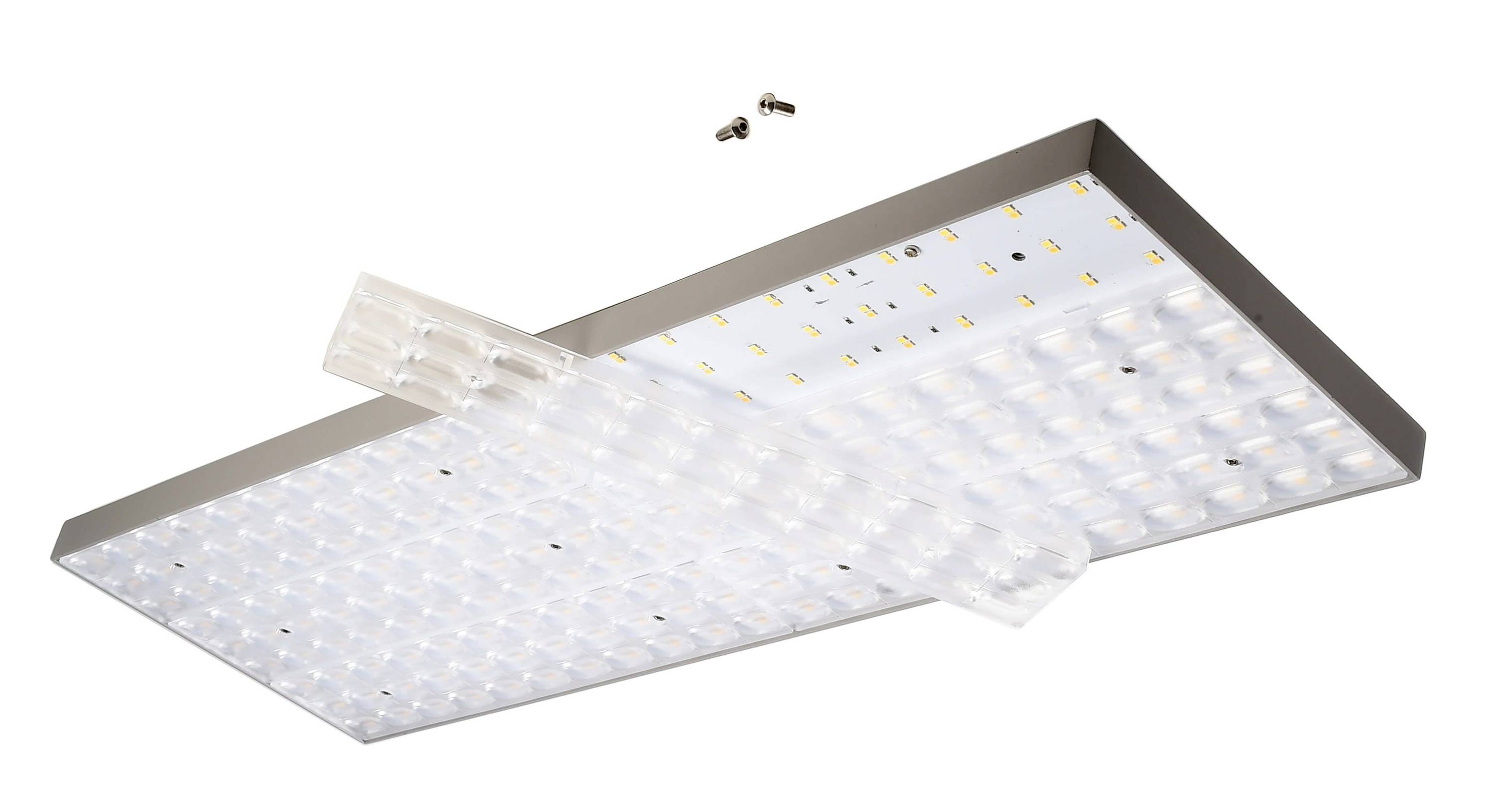 Rechteckige LED-Deckenleuchte mit abnehmbarer Kunststoffabdeckung. Zwei Schrauben zur Befestigung sind sichtbar.
