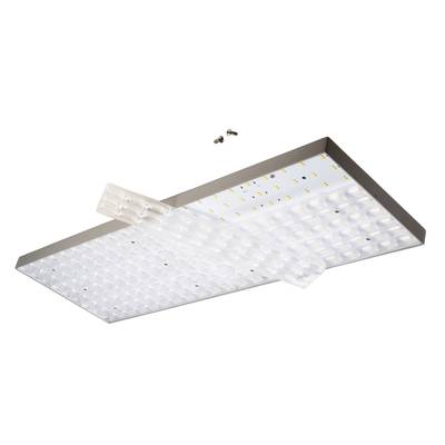 Rechteckige LED-Deckenleuchte mit abnehmbarer Kunststoffabdeckung. Zwei Schrauben zur Befestigung sind sichtbar.