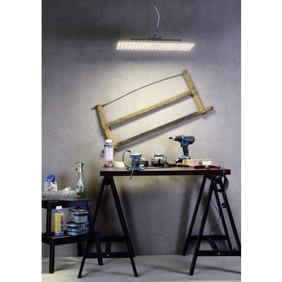 Werkbank mit Werkzeugen und Zubehör wie Bohrmaschine, Schleifgerät und Spraydosen unter einer Lampe, vor einer grauen Wand.