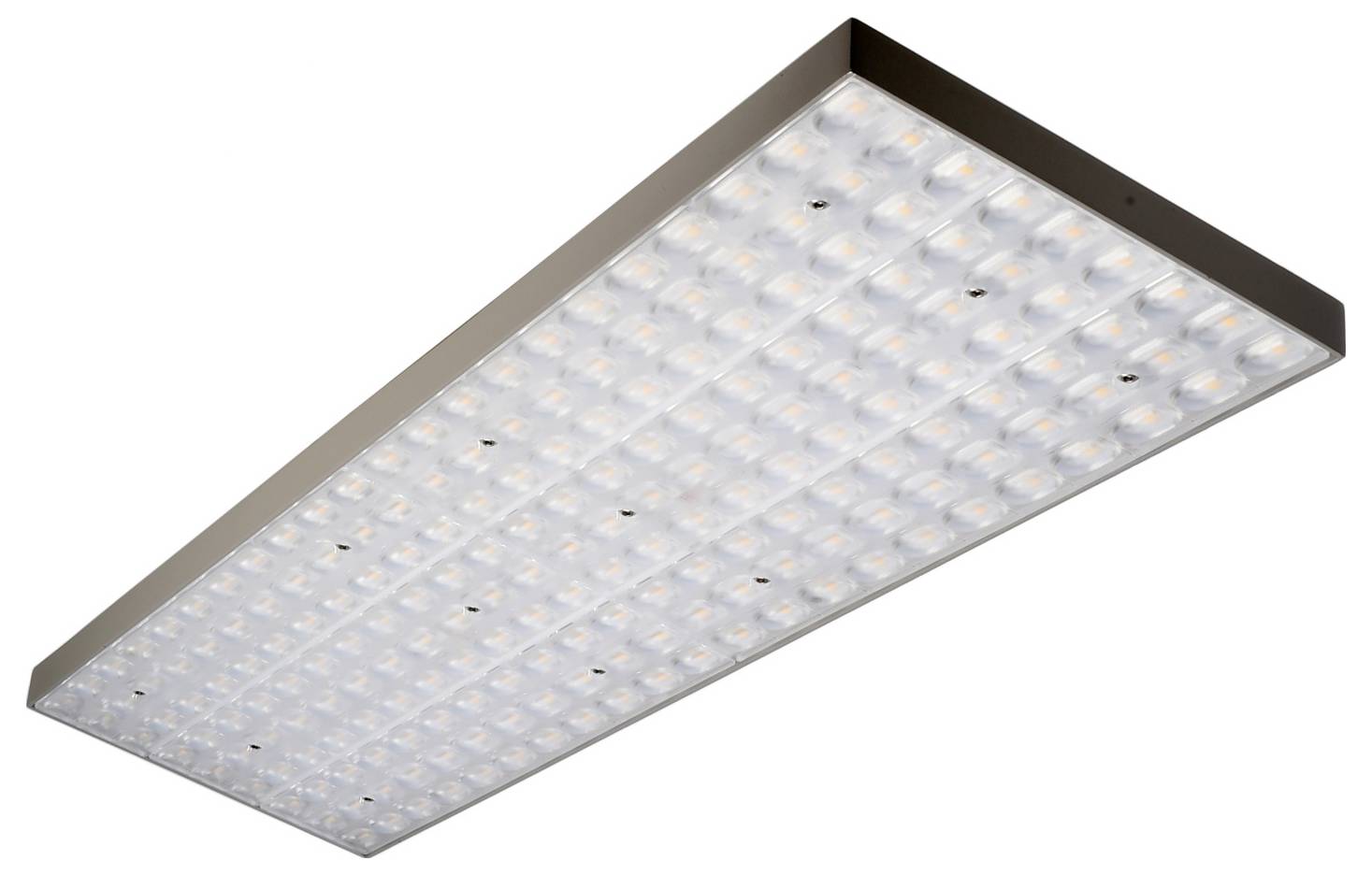 Rechteckiges LED-Deckenpaneel mit dunklem Rahmen und vielen kleinen weißen LED-Linsen, auf weißem Hintergrund dargestellt.