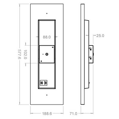 Technische Zeichnung eines rechteckigen Geräts mit Maßen: Höhe 577,6 mm, Breite 188,6 mm, Tiefe 71 mm. Anschlussport unten.
