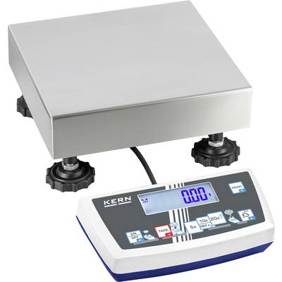 Eine digitale Plattformwaage mit einem Edelstahl-Wiegeteller und einem kabelgebundenen Anzeigegerät, das '0.0' anzeigt.