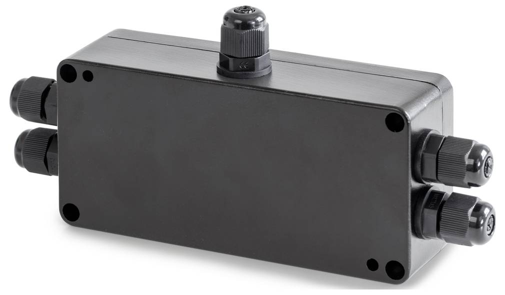 Ein rechteckiges schwarzes Verbindungselement mit Kabelanschlüssen an beiden Seiten, vermutlich für elektrische oder elektronische Anwendungen.