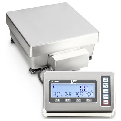 Metallische Waage mit digitalem Display. Anzeige zeigt '0.0 g', Tasten für verschiedene Funktionen. Industrieller Einsatz.