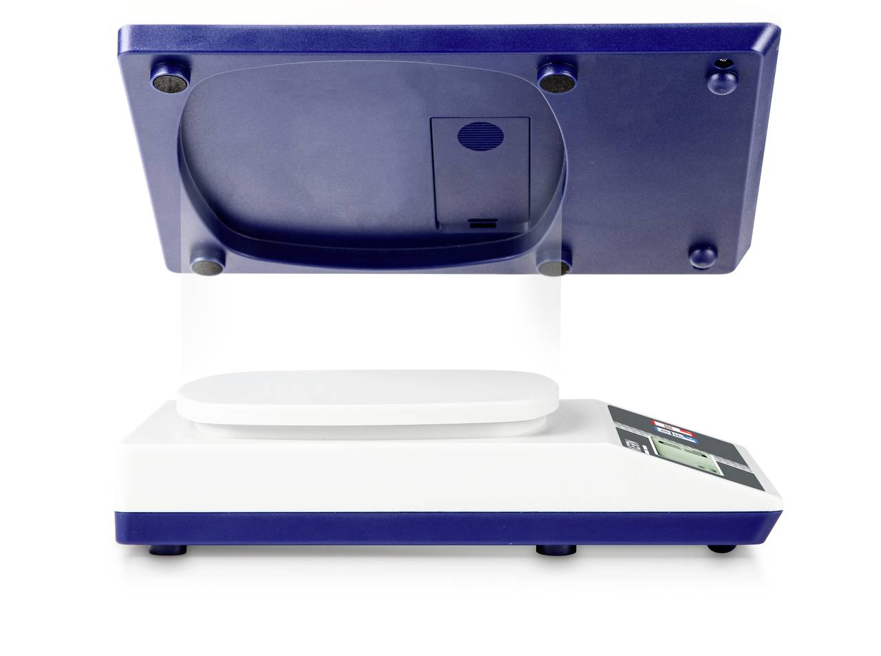 Elektronische Waage mit blauem Gehäuse, LCD-Anzeige und weiße Wiegefläche, zeigt technisches Gerät zur Gewichtsmessung.