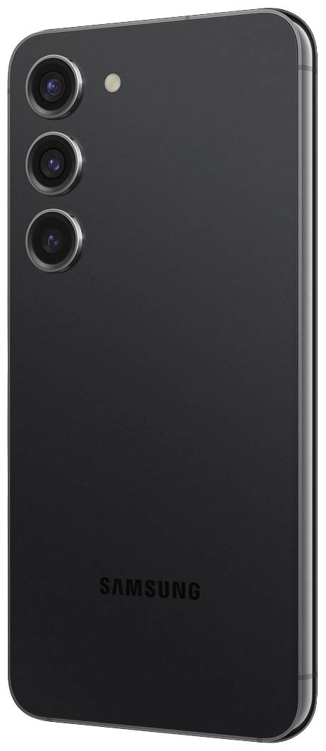 Schwarzes Smartphone mit drei vertikal ausgerichteten Kameralinsen auf der Rückseite und dem Schriftzug 'Samsung' in der Mitte.