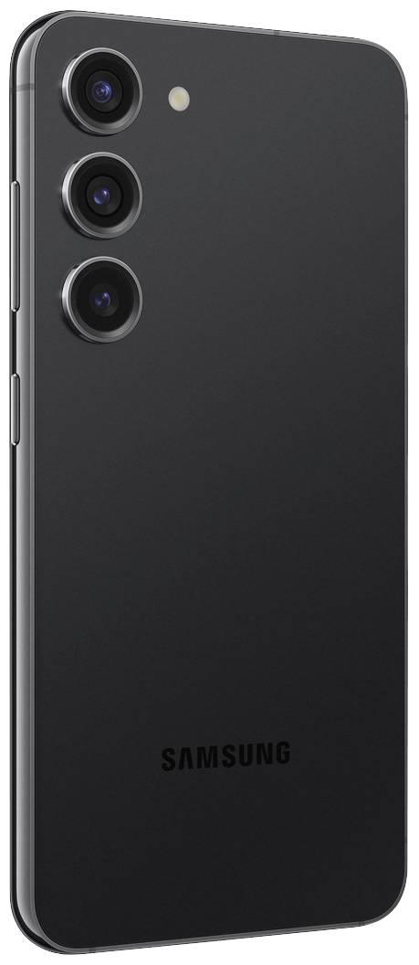 Ein schwarzes Smartphone von Samsung mit drei hinteren Kameras und einem schlanken Design.