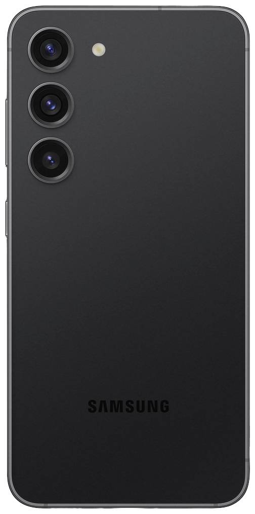 Schwarzes Smartphone von hinten mit drei vertikalen Kameras und Blitzlicht oben links. Das Logo 'Samsung' ist unten auf der Rückseite.