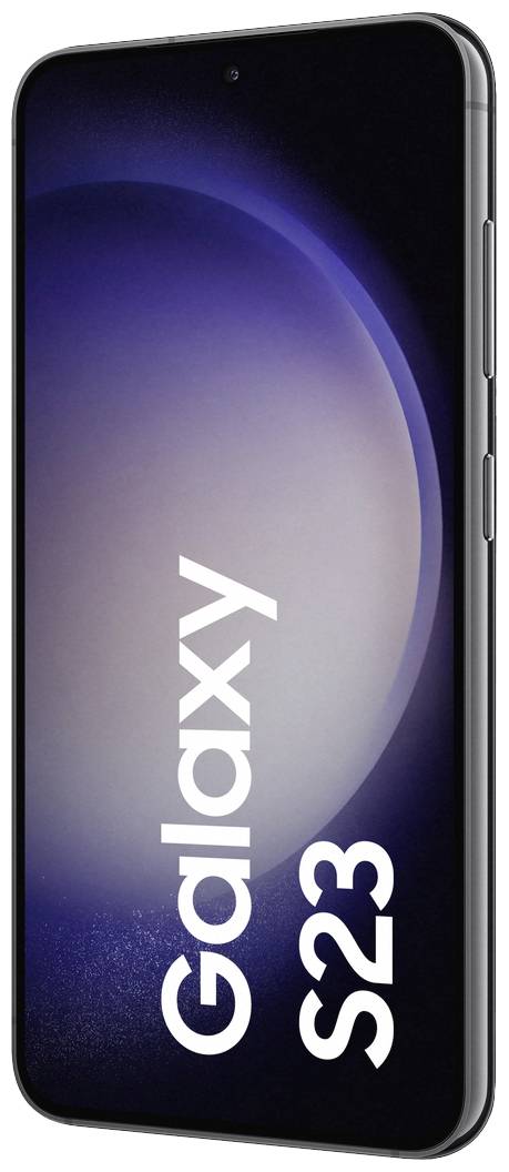Abbildung eines Smartphones mit einem schwarzen Gehäuse und einem Display, auf dem der Text 'Galaxy S23' angezeigt wird.