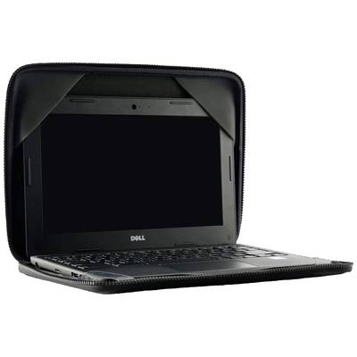 Ein Dell-Laptop in einer offenen schwarzen Schutzhülle. Der Bildschirm ist ausgeschaltet. Die Hülle ist teilweise um den Laptop herumgezogen.