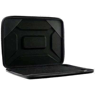 Geöffnete schwarze Laptop-Schutzhülle aus hartem Material.