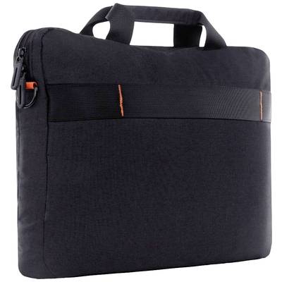 Eine schwarze Laptoptasche mit Tragegriff und Reißverschluss, schlichtes Design mit orangen Nähten an der Vorderseite.