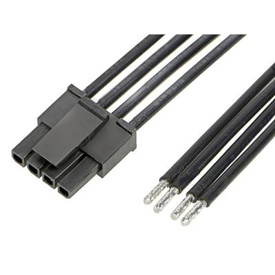 Vierpoliger schwarzer Stecker mit abisolierten Enden. Verwendet für elektrische Verbindungen, zeigt die Kabelanordnung und Anschlussmöglichkeiten.