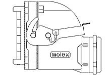 Seitenansicht eines technischen Molex-Steckverbinders mit Hebelmechanismus und herausschraubbarer Kappe.