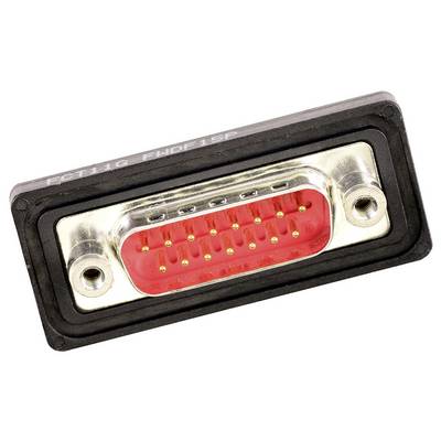 Ein roter, rechteckiger Stecker mit 15 Metallstiften, eingebettet in ein schwarzes und silbernes Gehäuse, mit Schraublöchern an den Seiten.