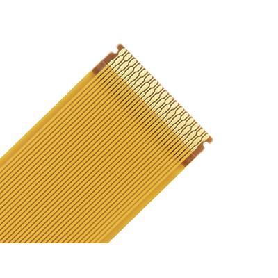 Ein flexibles Flachbandkabel mit gelben Leitern und elektronischen Verbindungen, verwendet für digitale Datenübertragungen in Geräten.