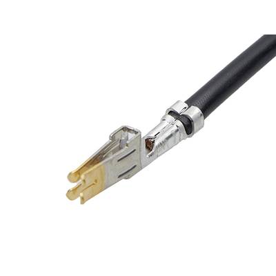 Ein schwarzes Kabel mit einem silbernen, metallischen Stecker, der leicht abgewinkelt ist, zeigt nach links.