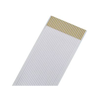 Flachbandkabel mit weißen und goldenen Leitern, verwendet für elektronische Verbindungen, auf weißem Hintergrund.