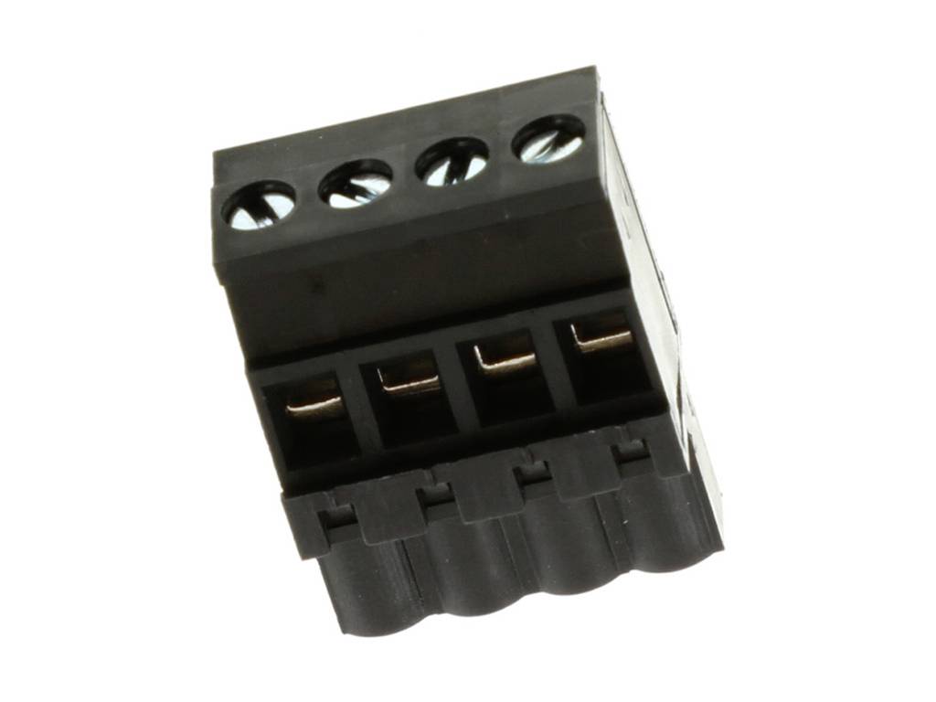 Schwarze Anschlussklemme mit vier Schraubanschlüssen.