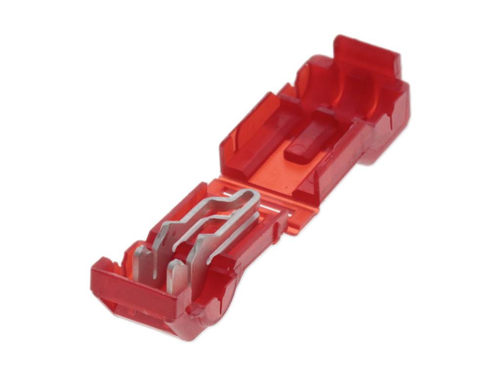 Roter Elektrokabelverbinder aus Kunststoff, geeignet für eine schnelle Kabelverbindung, zeigt die offene Klemme für Einfachheit.