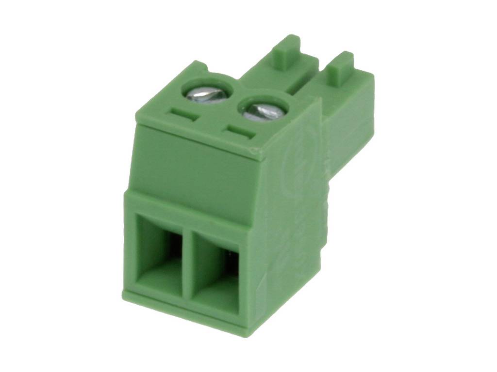 Grüner Steckverbinder mit zwei Anschlüssen, geeignet für elektronische Schaltungen.