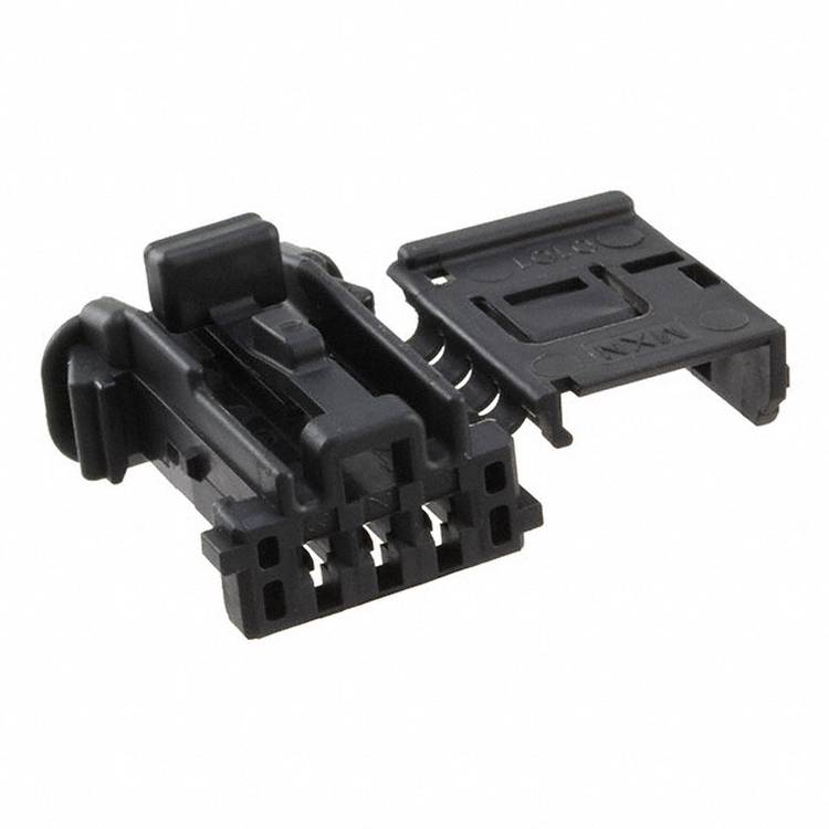 Eine Nahaufnahme eines kleinen schwarzen Kunststoffsteckers mit mehreren Kontakten. Der Stecker ist offen und zeigt seine innere Struktur und Komponenten.
